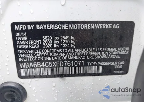 2015 BMW 650I Gran Coupe xDrive z USA, uszkodzony, nr VIN WBA6B4C5XFD761071